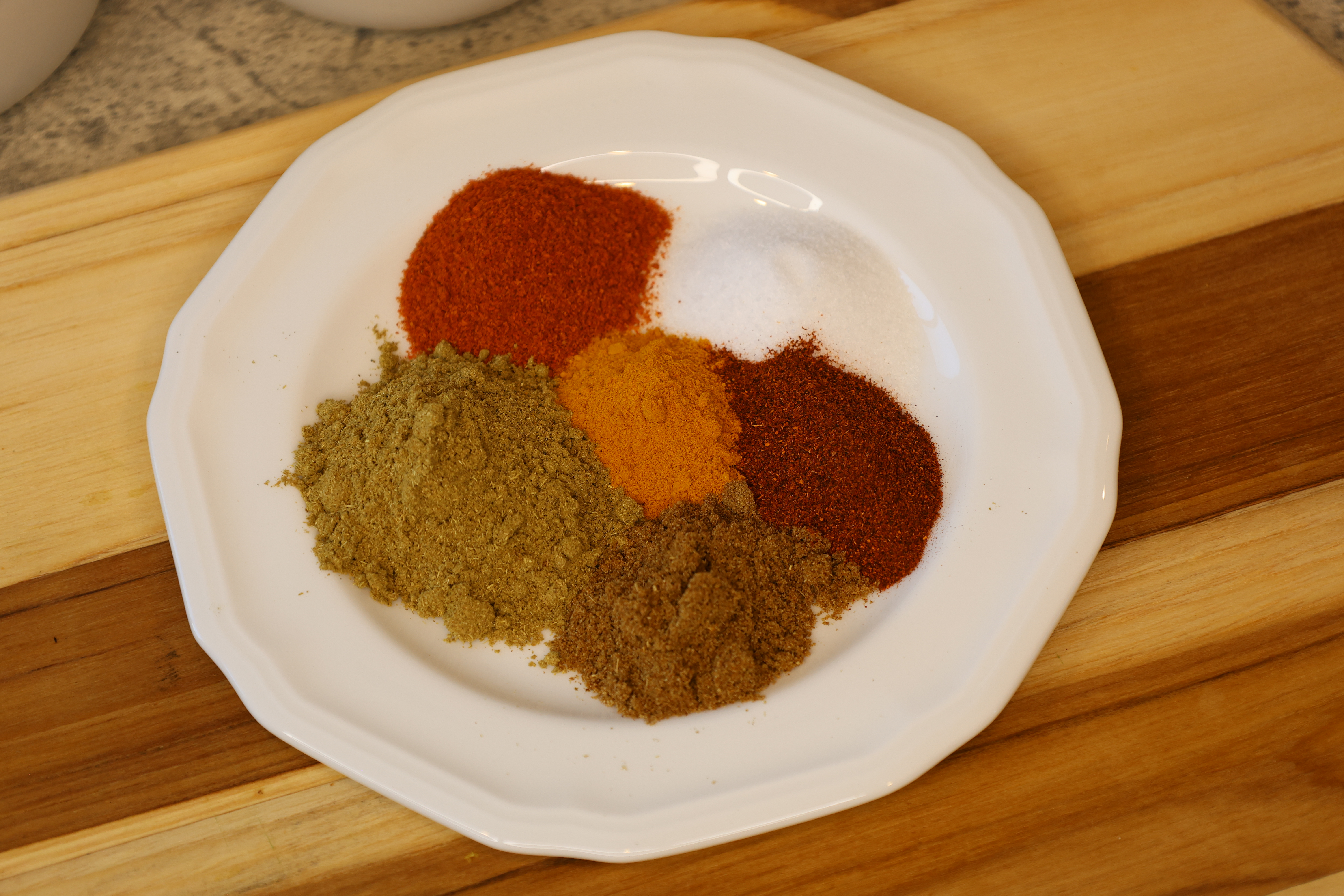 Spices: salt, red chili powder, coriander powder, cumin powder
